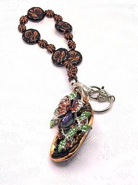 Mussel Shell Keychain Handcrafted Green & Purple Floral Pendant Keychain